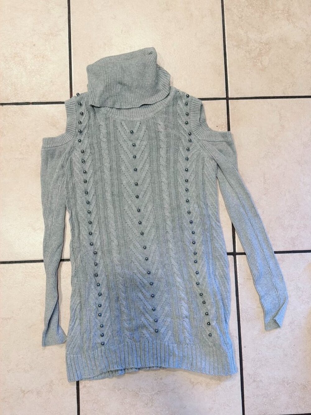 Women's Medium Grey Cold Shoulder Turtleneck Cable Knit Sweater Pearl Embellishe